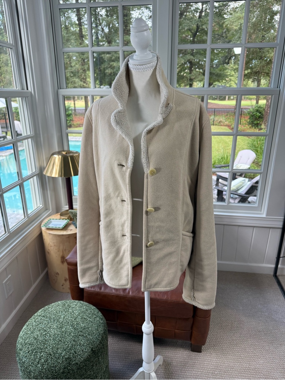 New York & Company Cream Lightweight Sherpa-Trim Jacket Size L